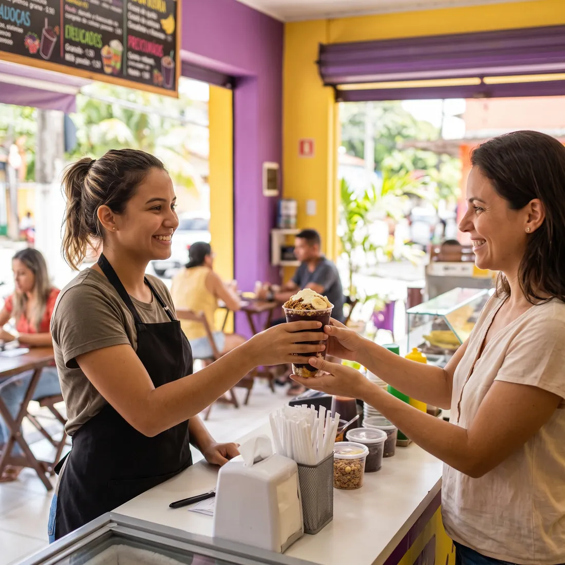 Atendente de açaiteria entregando um copo de açaí a uma cliente