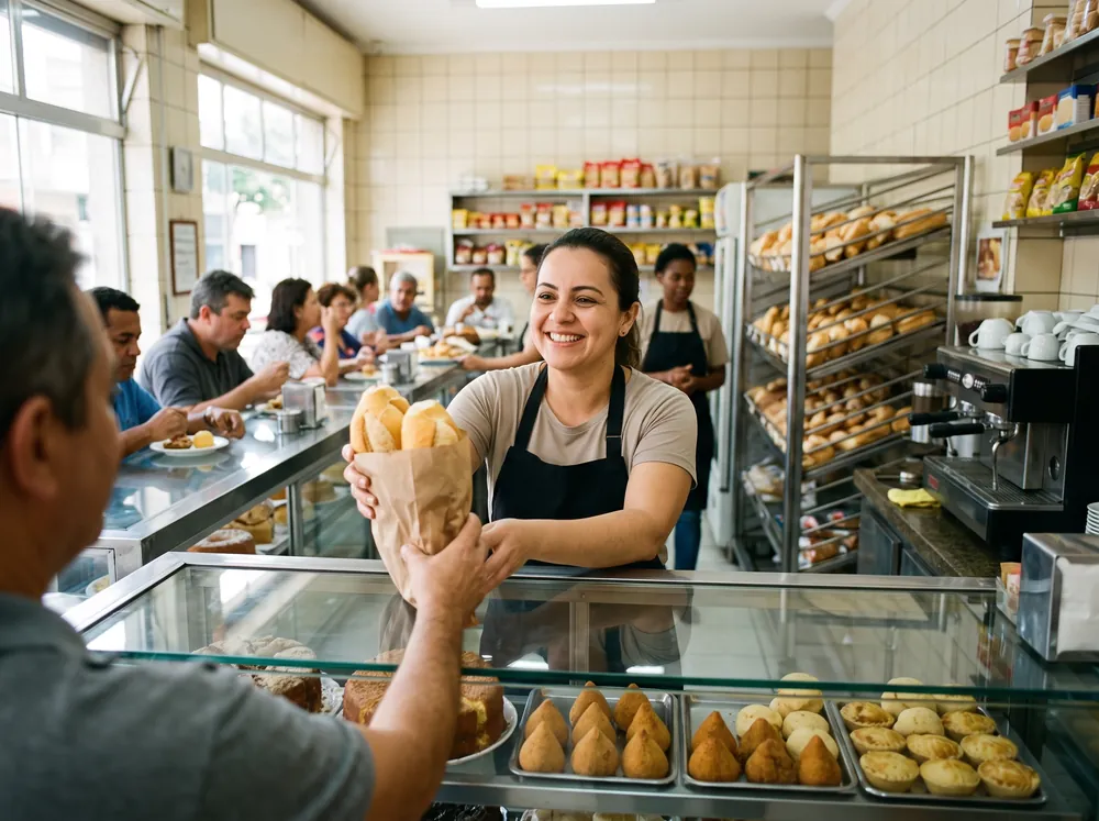 Atendente de padaria sorrindo e entregando um saco de pão ao cliente no balcão