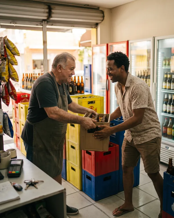 Dono de boteco entregando um engradado de cerveja a um cliente
