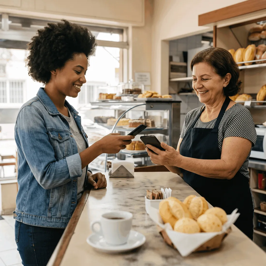 Cliente e dona da padaria sorrindo no balcão, cada uma com o celular na mão