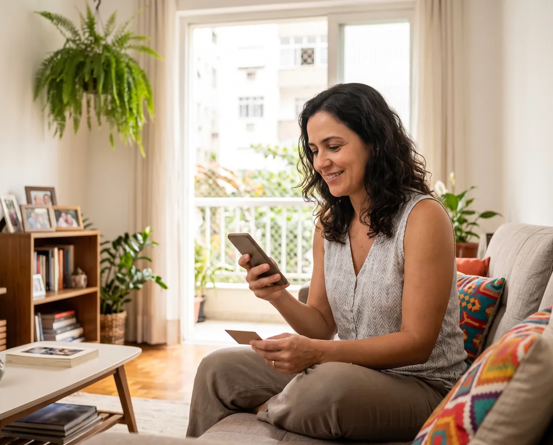 Cliente em casa, no sofá, sorrindo enquanto lê a mensagem no celular