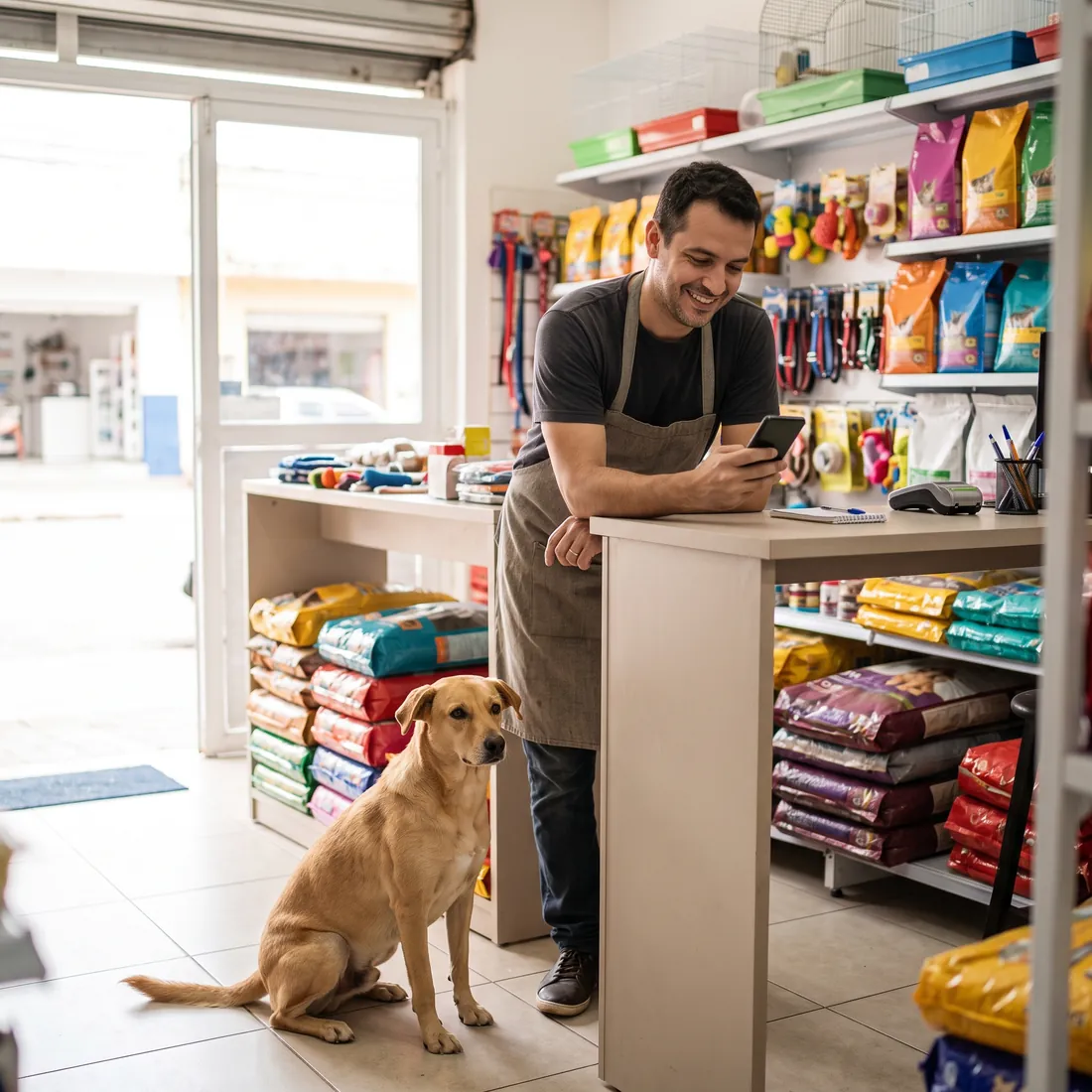 Dono de pet shop apoiado no balcão conferindo o celular, com um cachorro ao lado