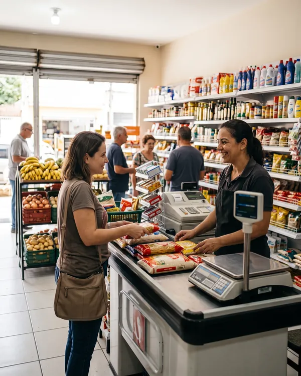 Dona de mercadinho sorrindo no caixa enquanto atende uma cliente