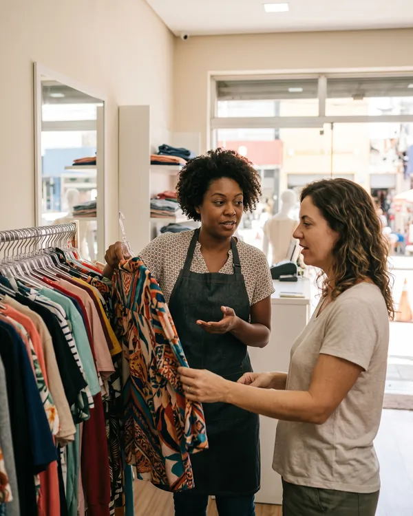 Vendedora mostrando uma blusa estampada a uma cliente numa loja de roupas