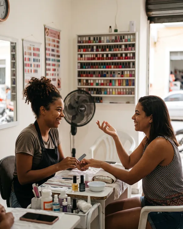 Manicure conversando e rindo com uma cliente enquanto lixa as unhas dela