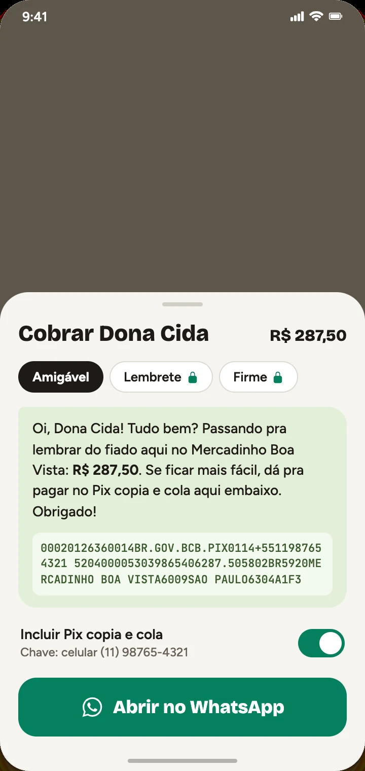 Tela de cobrança, com a mensagem pronta e o botão Abrir no WhatsApp