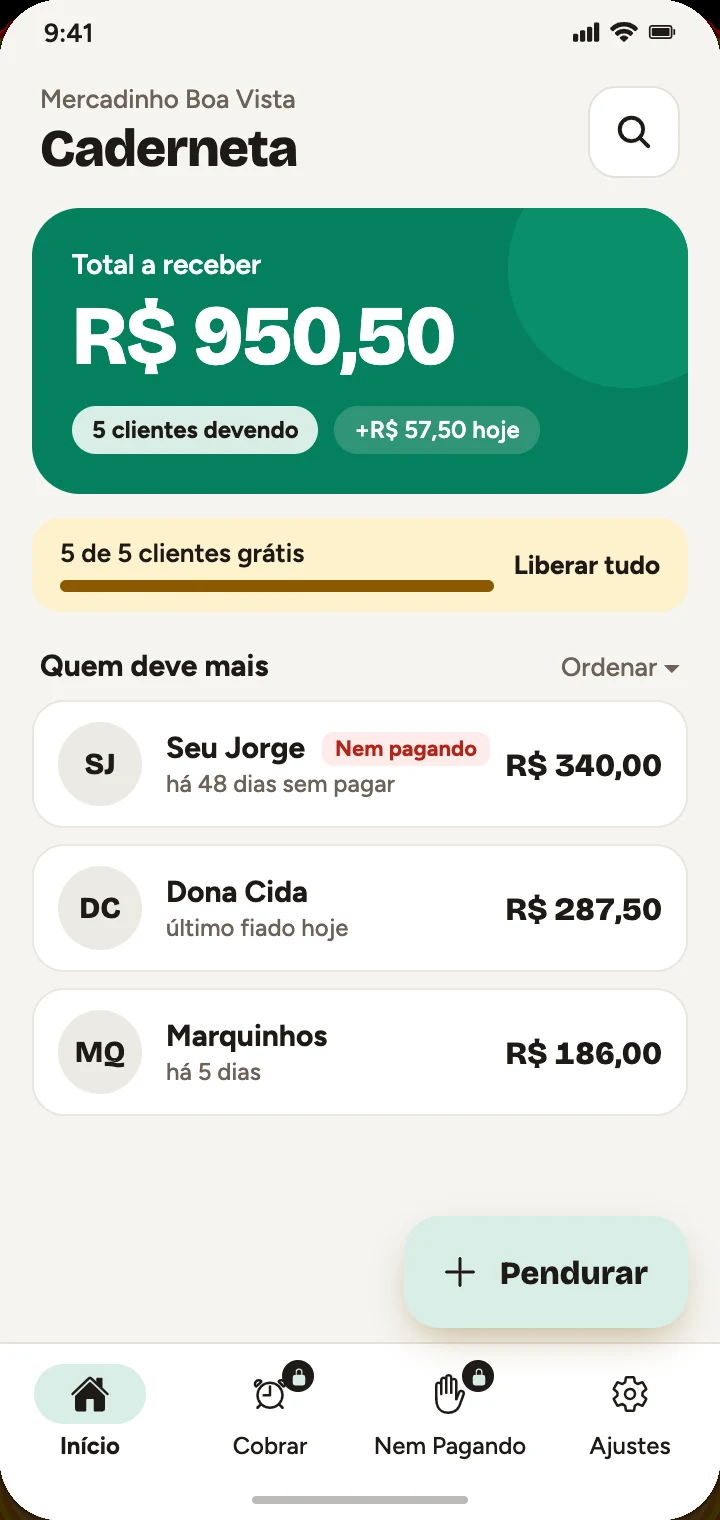 Tela inicial do Pendurô com o total a receber e quem deve mais