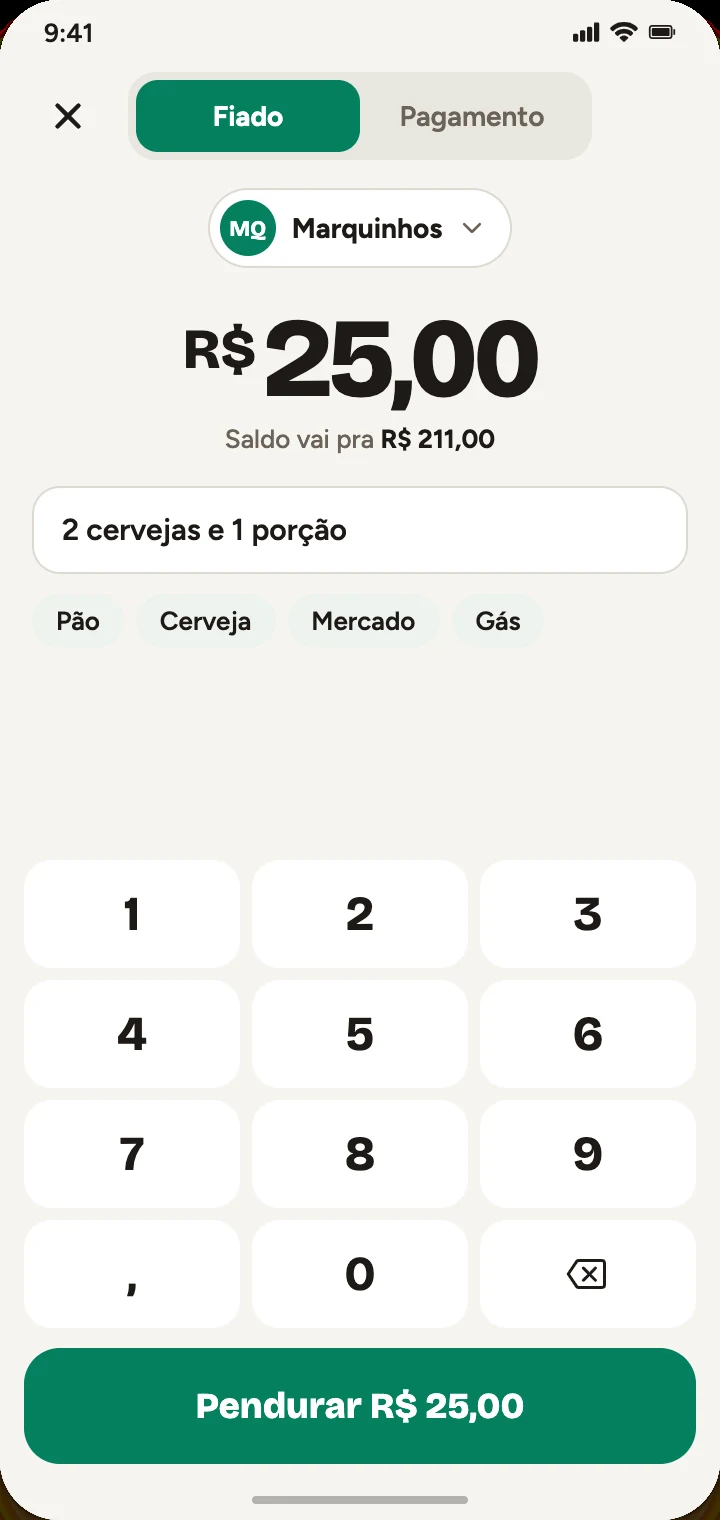 Tela de lançar fiado, com o valor de R$ 25,00 e o teclado numérico