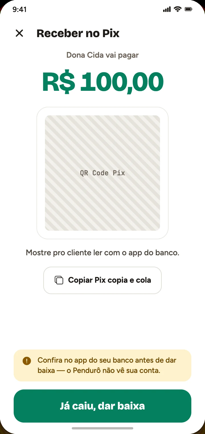 Tela do Pendurô mostrando o QR Pix para o cliente pagar no balcão